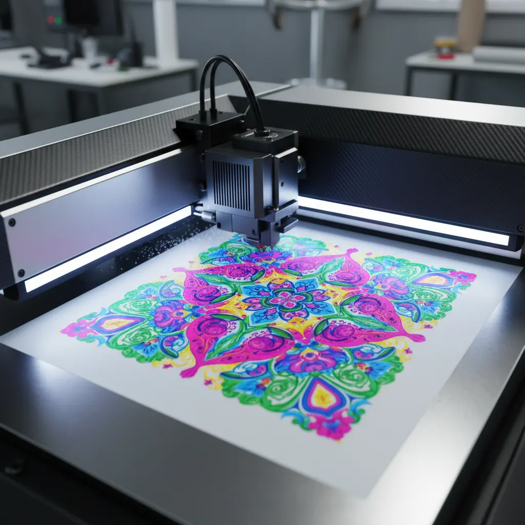 Modern DTF printing machine creating colorful logo design on textile material