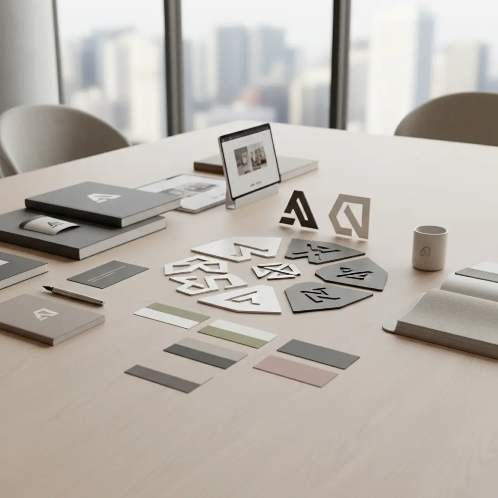 Business team collaborating on brand design with logo samples and color palettes on table