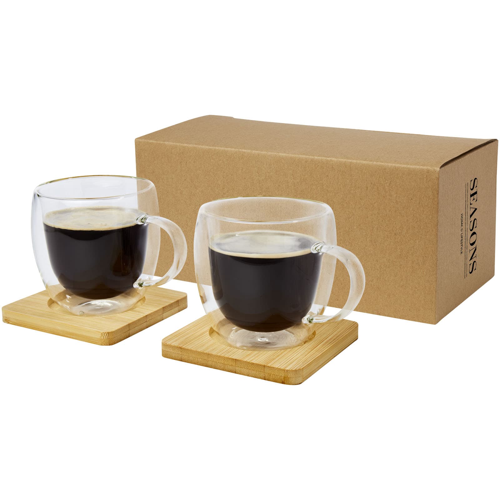 Manti sett i 2 deler 250 ml dobbeltvegget termoglass med bambusunderlag