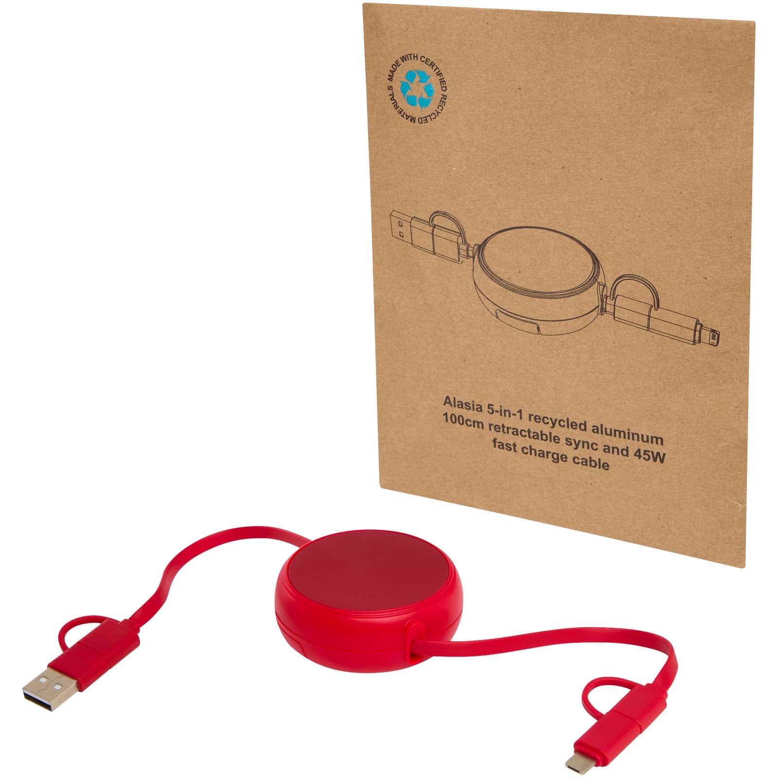 Alasia 5-i-1 uttrekkbar kabel 100 cm for 45 W hurtiglading og datasynkronisering, av resirkulert plast og aluminium, Rød