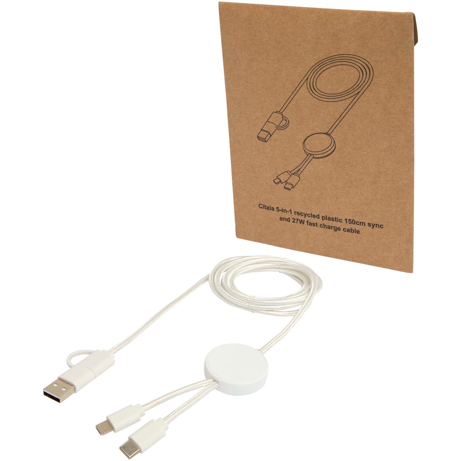 Citala 5-i-1 kabel 150 cm for datasynkronisering og 27 W hurtiglading, av resirkulert plast, Hvit