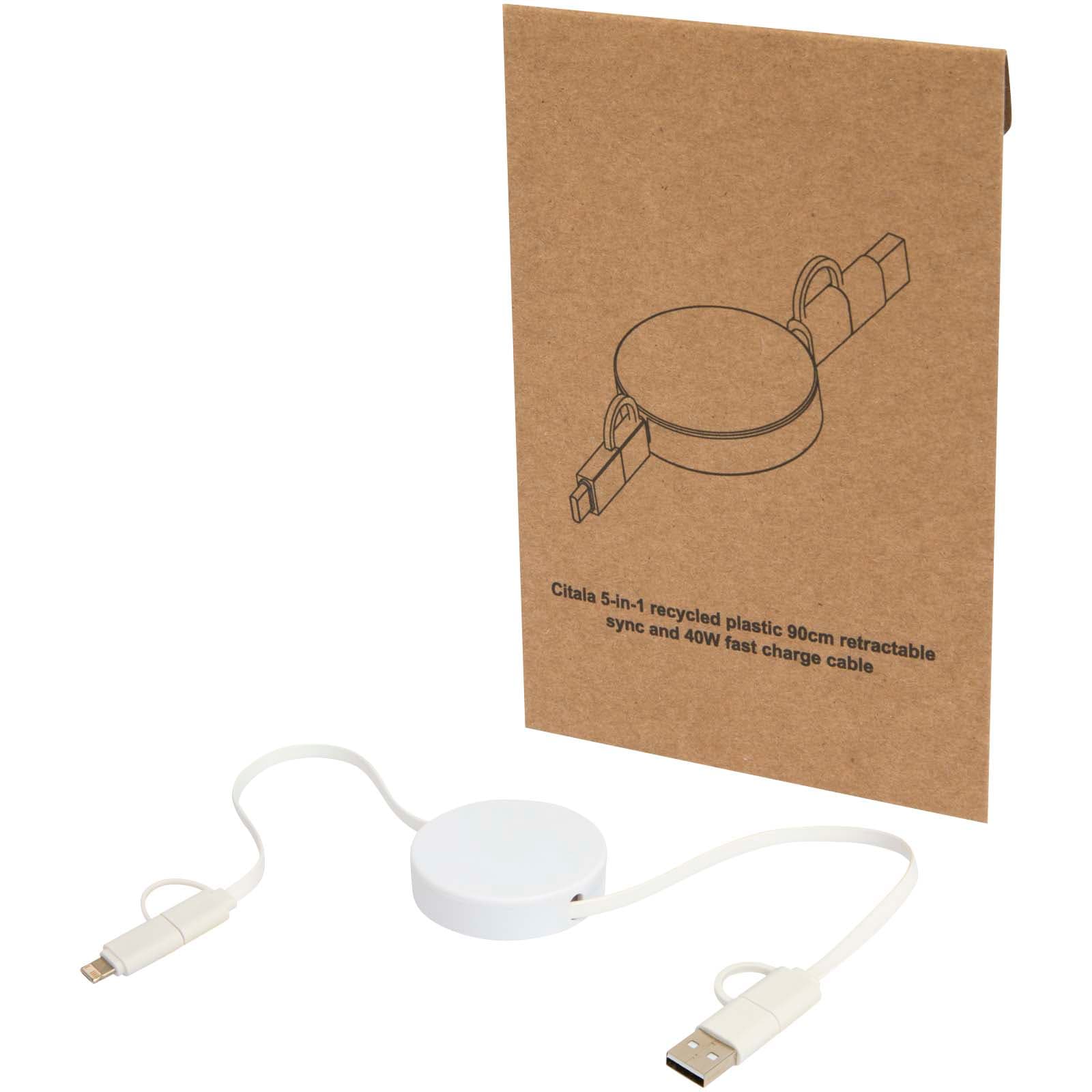 Citala 5-i-1 uttrekkbar kabel 90 cm for datasynkronisering og 40 W hurtiglading, av resirkulert plast, Hvit