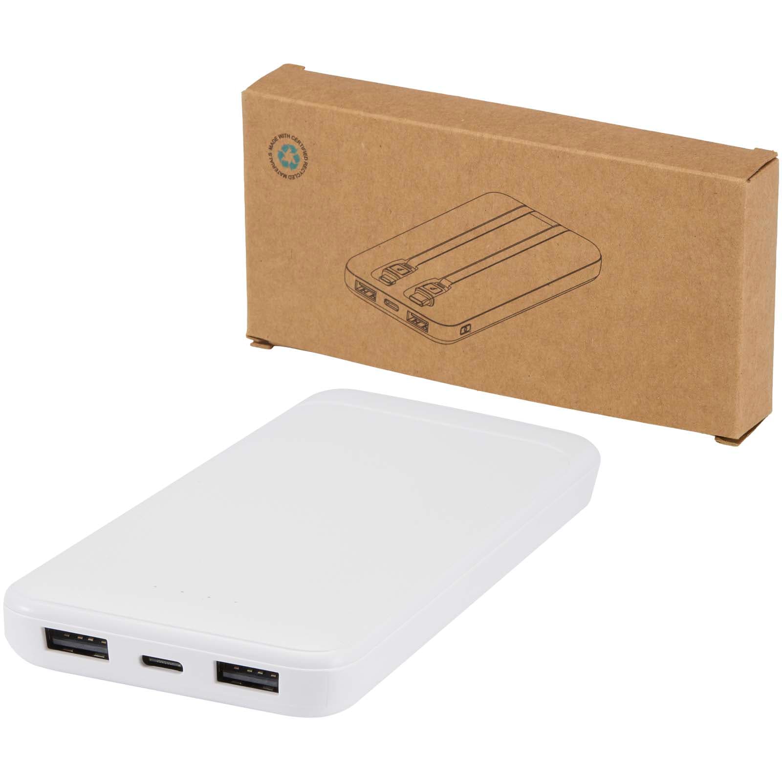 Adhil 10 000 mAh 10 W mobillader av resirkulert plast med 2 innebygde kabler, Hvit
