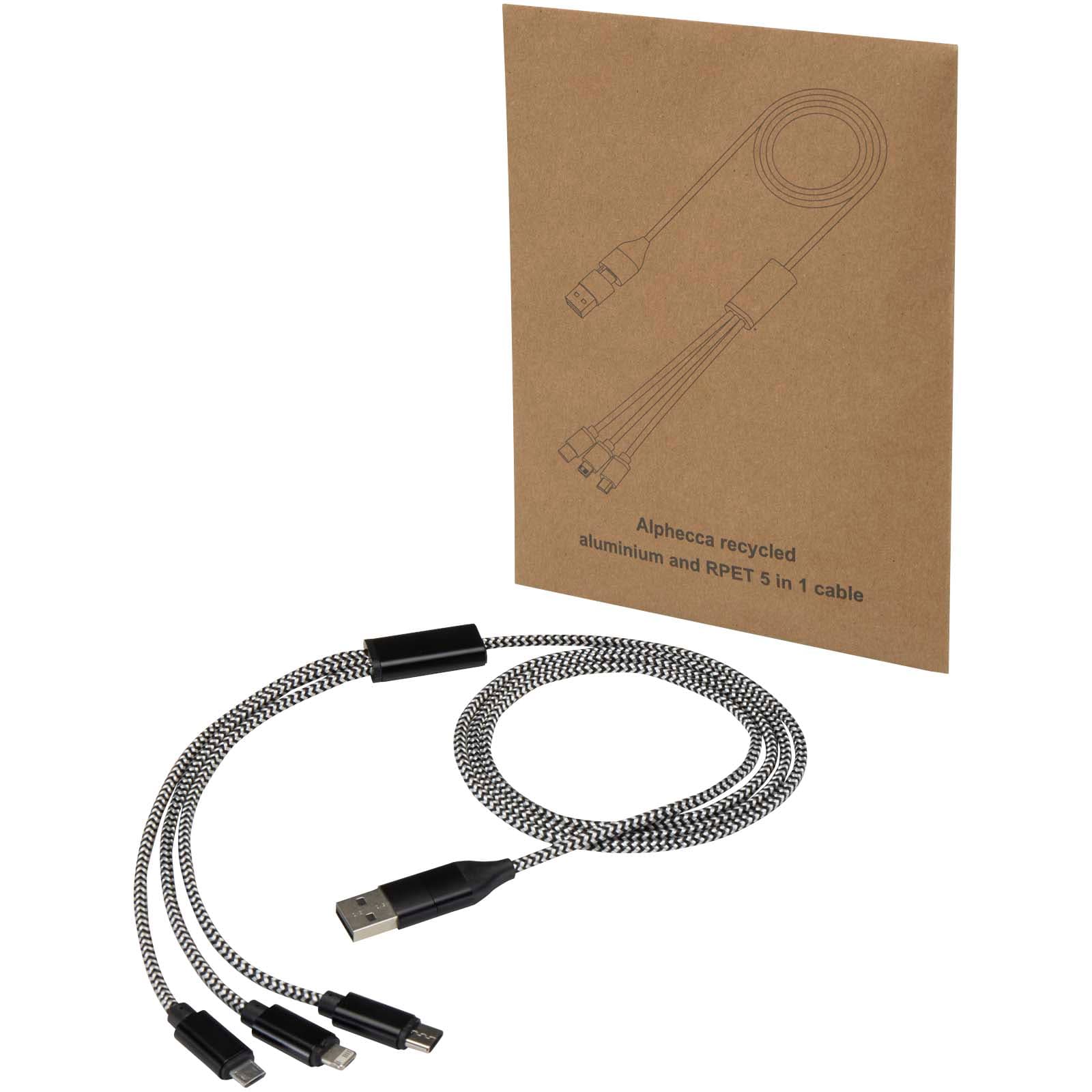 Alphecca 5-i-1-ladekabel i resirkulert aluminium og RPET, Solid svart