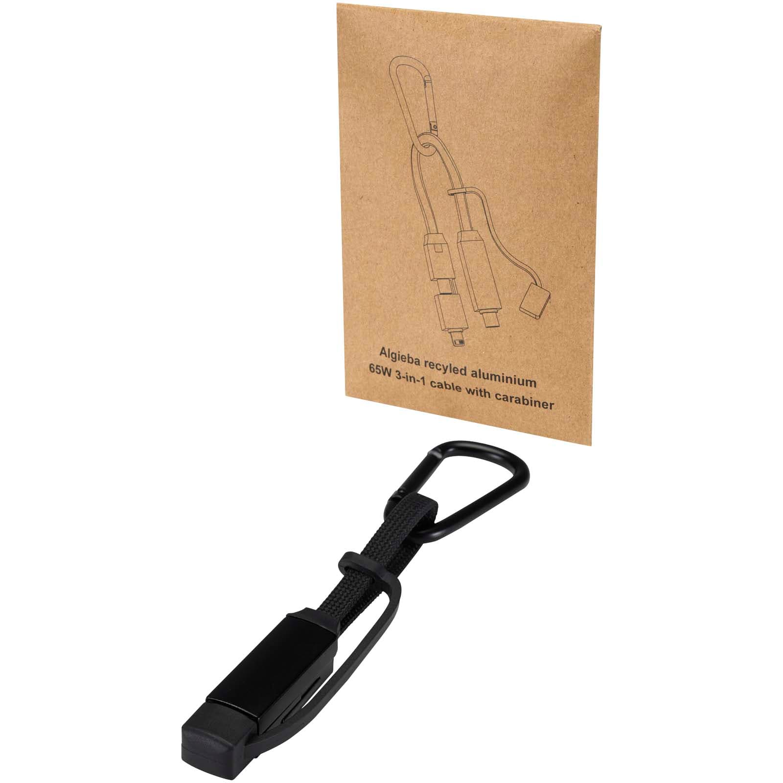 Algieba 65 W 3-i-1 ladekabel i resirkulert aluminium med karabinkrok, Solid svart