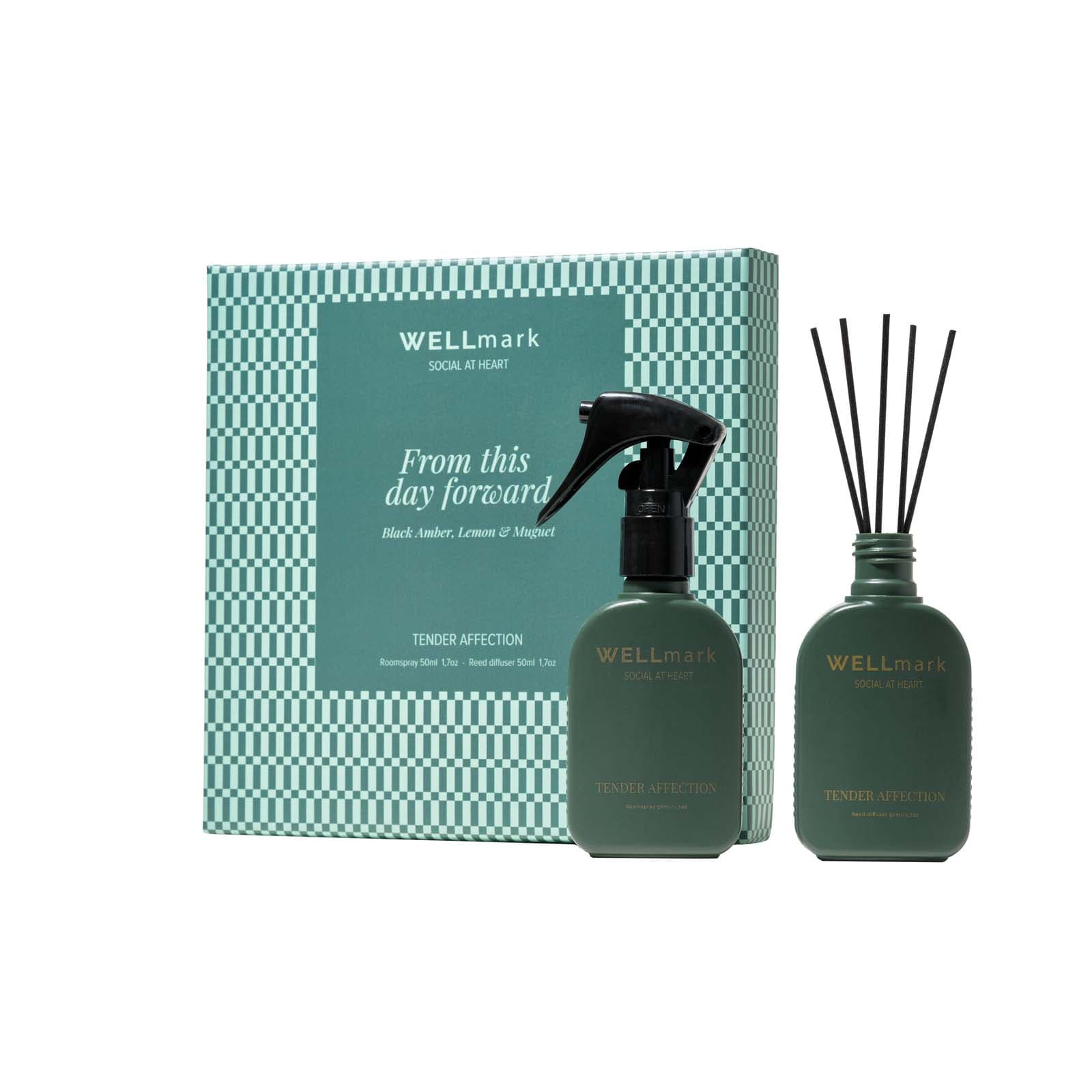 Wellmark Tender Affection – gavesett med 50 ml romspray og 50 ml diffuser, Grønn flash