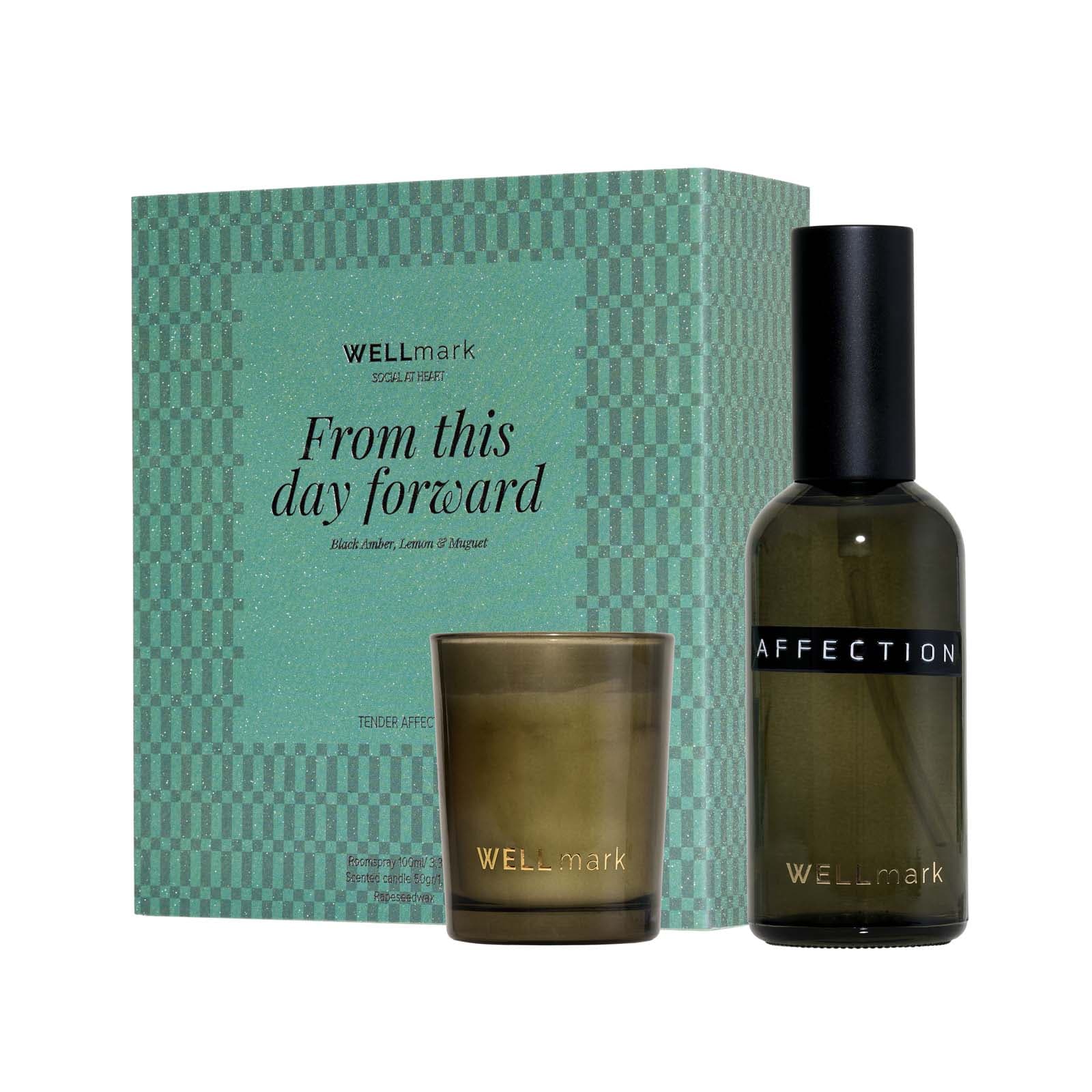 Wellmark 100 ml romspray og 70 ml Tender Affection stearinlys gavesett, Grønn flash