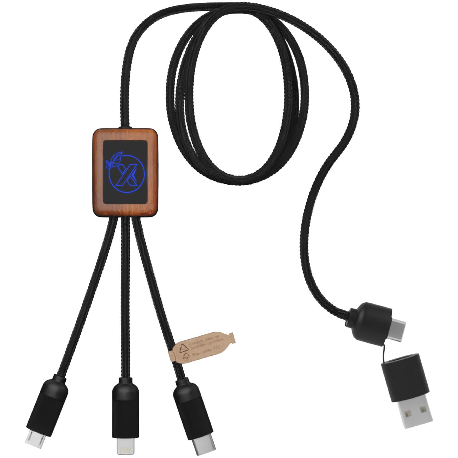 SCX.design C38 40 W 5-i-1 rPET ladekabel med lysende logo, firkantet form i tre, Blå