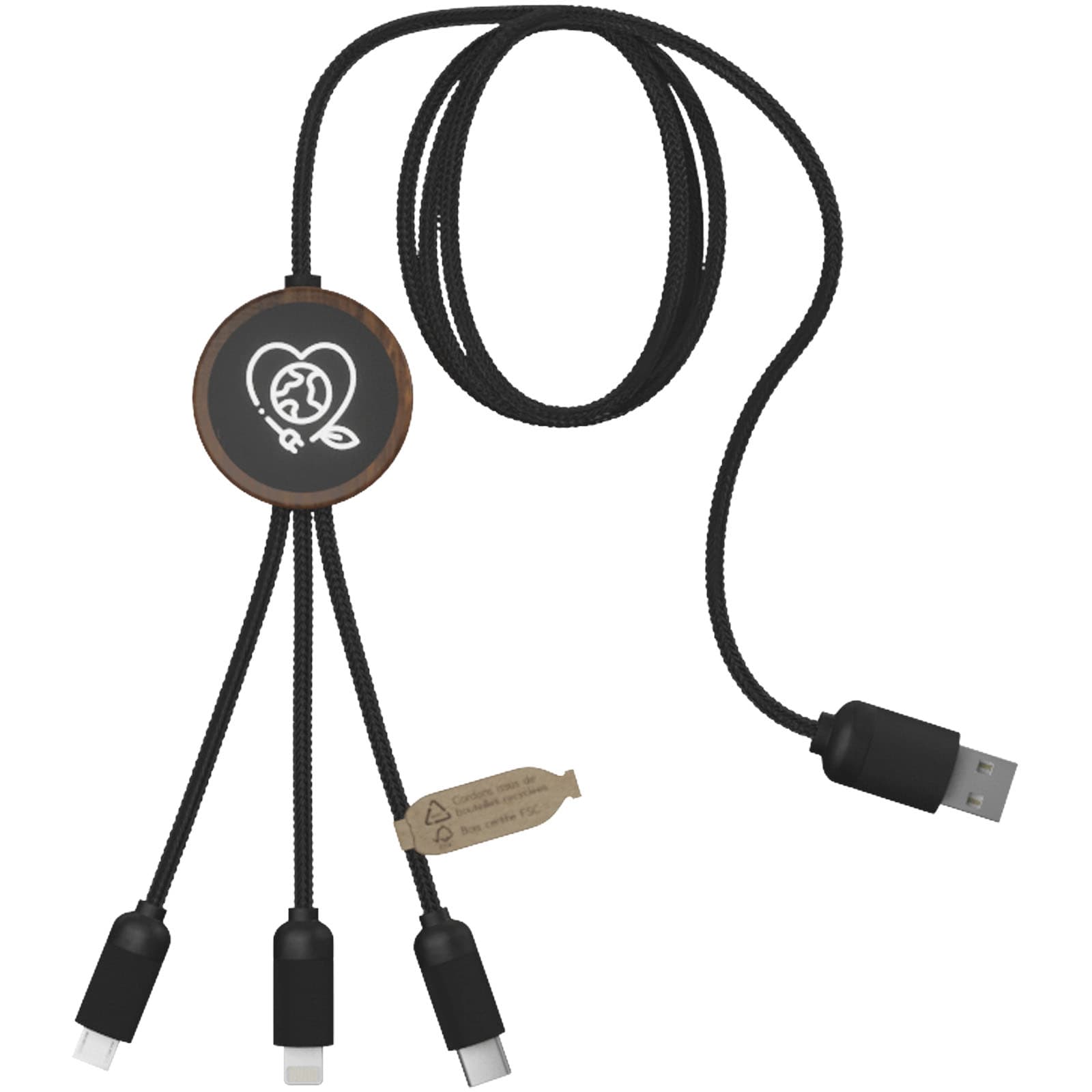 SCX.design C36 3-i-1 rPET ladekabel med lysende logo og rundt bambusdeksel, Tre
