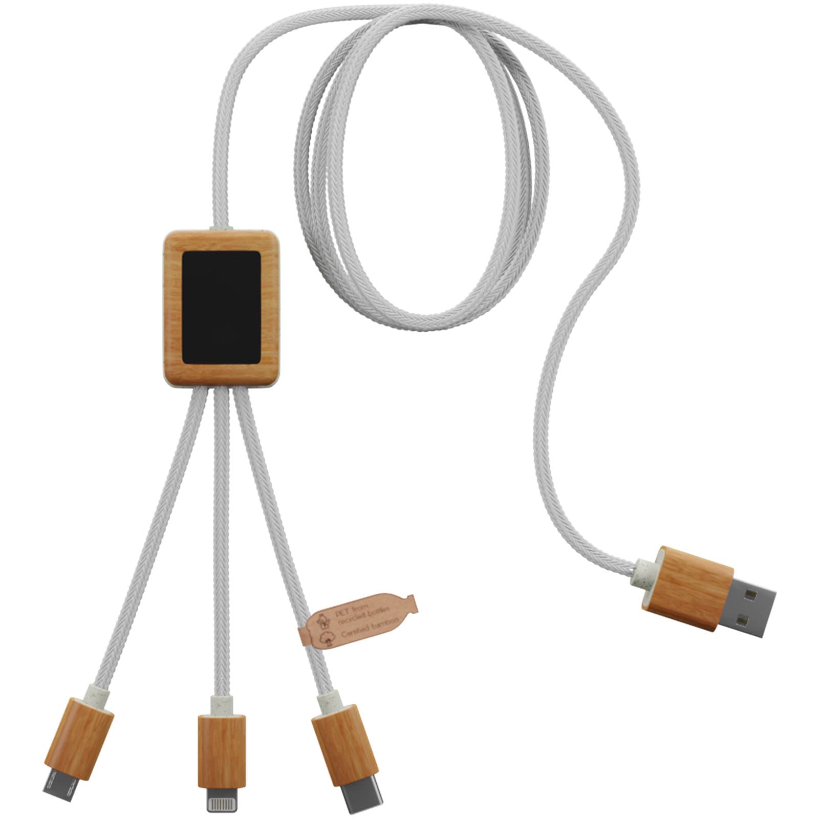 SCX.design C39 3-i-1 rPET ladekabel med lysende logo og firkantet bambusdeksel, Hvit